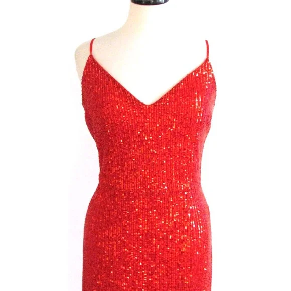 Designer Premier Amour Red Sequin Midi Length Spaghetti Strap Pencil Dress 16.R - Picture 3 of 16